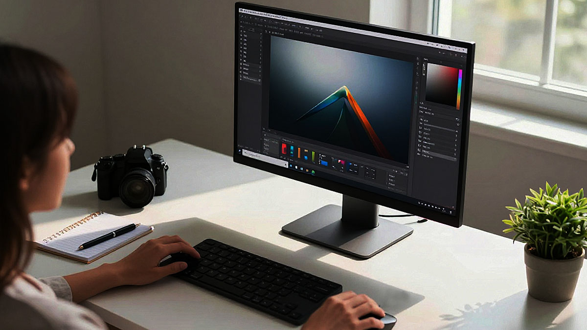 PCモニターで画像編集ソフトを操作する女性の背後からの視点。デスクには一眼レフカメラ、ノート、ペン、観葉植物が置かれている。