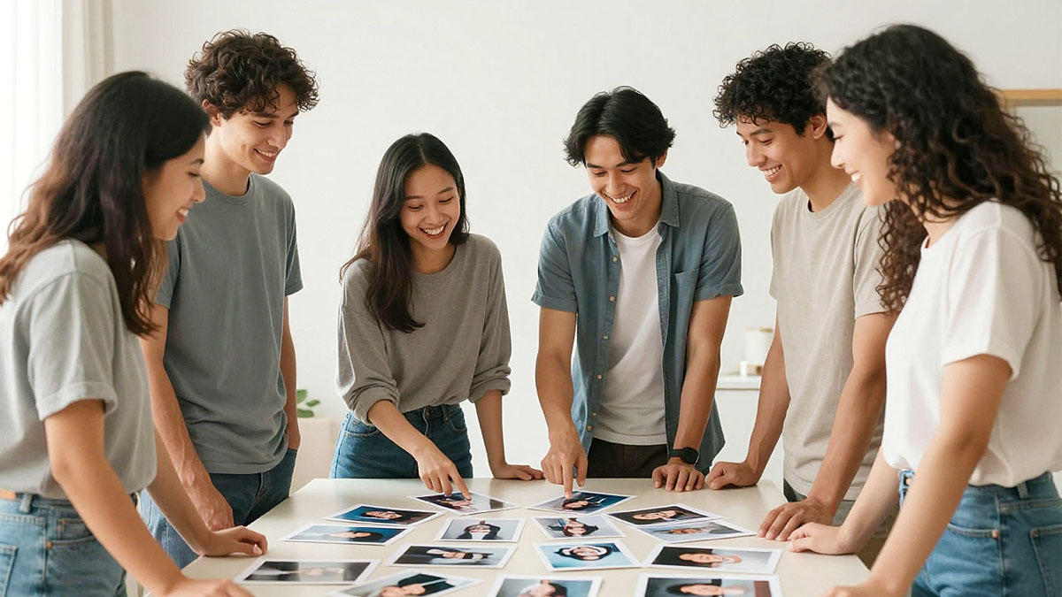 白いテーブルの上に並べられた多数のポートレート写真を、笑顔で囲む男女6人のグループ。数人が写真を指差しながら楽しそうに会話している様子。