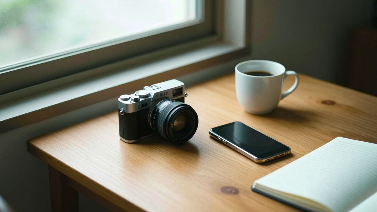 木の机の上に標準レンズ付きのコンパクトカメラとスマートフォン、ノートが自然光の中に置かれている