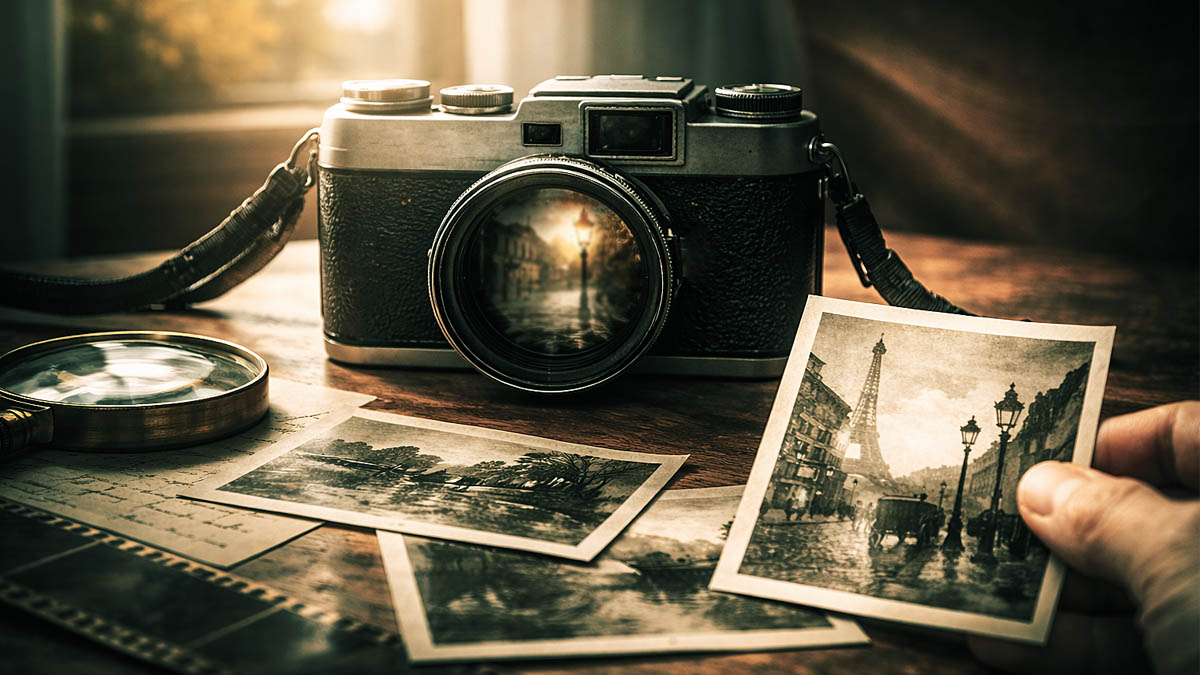 レンジファインダーカメラと写真プリント　写真の見方と光学による二次元化を象徴するイメージ