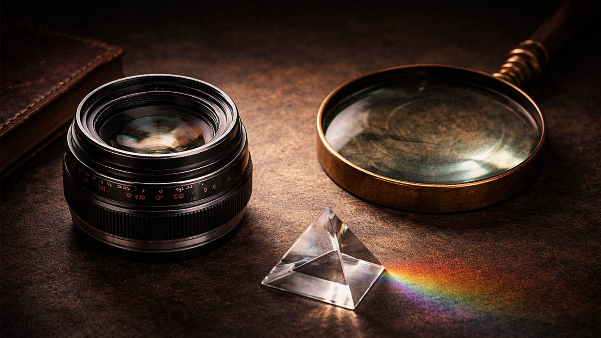 オールドレンズ、虫眼鏡、プリズムを並べた静物写真。単レンズと写真レンズの違いを示唆する構図